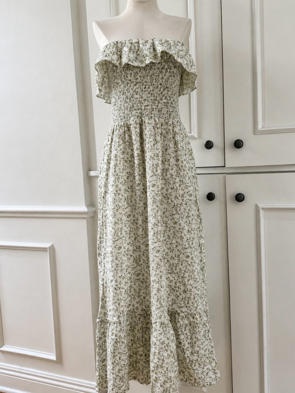 Reformation 100% Linen Green and White Midi Floral Dress - XL